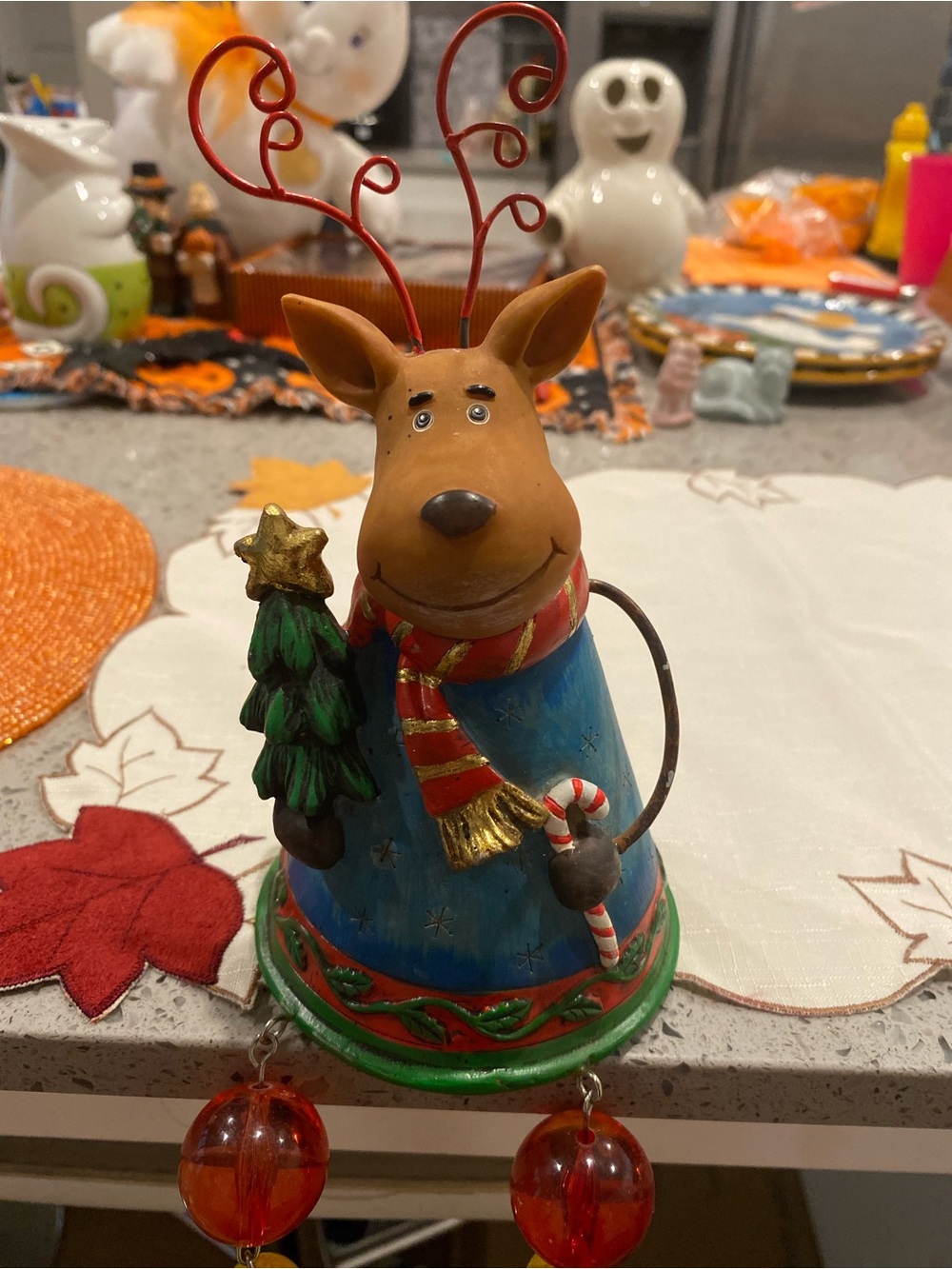 Holiday Reindeer Figurine in Blue with Red Accents - Decorative Table Ornament